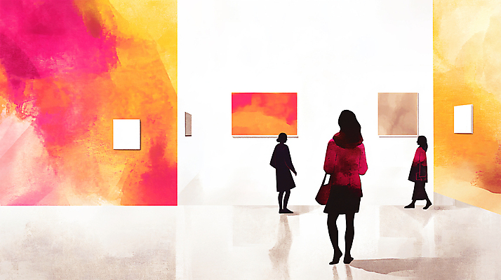 전신 PSD 여자 예술 일러스트 그림자 미술 성인 세명 반사 주황색 전시 감상 군중 미술관 전시회 작품 관람 성인여자만 국내일러스트 컬러 문화예술 사람 여자만 성인만 파일형식