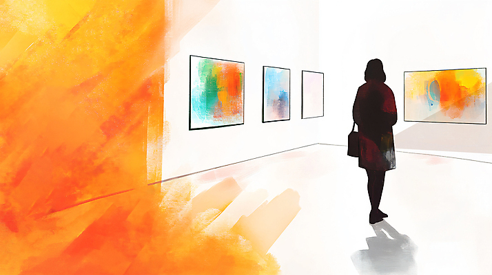 전신 PSD 여자 예술 일러스트 미술 한명 성인 주황색 전시 감상 군중 미술관 전시회 작품 관람 성인여자한명만 국내일러스트 1 컬러 문화예술 사람 여자한명만 성인여자만 파일형식