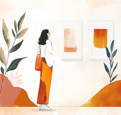 전신 PSD 여자 예술 잎 일러스트 미술 한명 성인 주황색 전시 감상 군중 미술관 전시회 작품 관람 성인여자한명만 국내일러스트 식물 1 컬러 문화예술 사람 여자한명만 성인여자만 파일형식