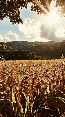 JPG 편집이미지 자연 나뭇잎 풍경 사람없음 햇빛 벼 가을 농촌 시골 디지털합성 편집실사 AI포토 AI콘텐츠 계절 잎 곡류 태양 CG 생태계 파일형식