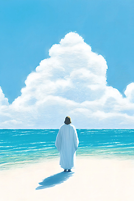 JPG 전신 구름 남자 기독교 일러스트 하늘 그림자 한명 성인 해변 뒷모습 평화 기도 예수 성인남자한명만 국내일러스트 AI일러스트 AI콘텐츠 자연요소 1 종교 바다 뷰포인트 컨셉 사람 신_종교 남자한명만 성인남자만 파일형식