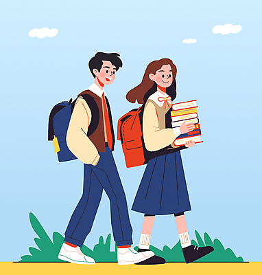 전신 학생 여자 교육 남자 교복 일러스트 학교 청소년 책가방 들기 두명 파란색 친구 걷기 주머니손 등교 하교 학원 십대만 국내일러스트 AI파일 옷 컬러 가방 관계 모션 사람 등하교 파일형식 벡터