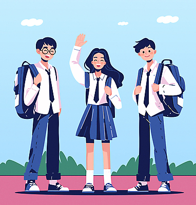 전신 학생 여자 교육 남자 교복 일러스트 학교 청소년 책가방 웃음 세명 파란색 친구 등교 하교 손인사 학원 반가움 십대만 국내일러스트 AI파일 옷 감정 컬러 가방 관계 표정 사람 인사 등하교 파일형식 벡터