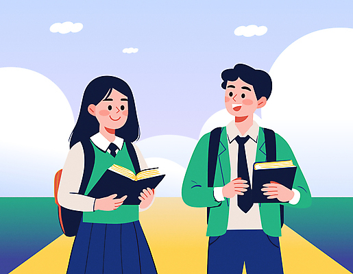 학생 여자 교육 남자 교복 일러스트 학교 청소년 책가방 들기 상반신 두명 책 초록색 친구 읽기 교과서 학원 십대만 국내일러스트 AI파일 옷 컬러 가방 관계 모션 교재 사람 파일형식 벡터