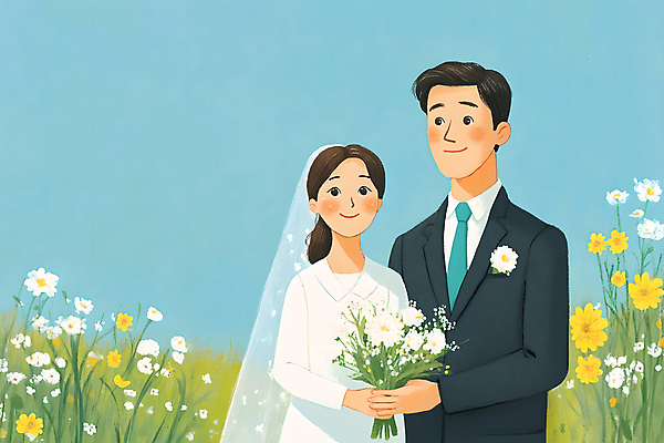 JPG 부부 여자 남자 부케 웨딩드레스 결혼 일러스트 하늘 면사포 들기 정장 초원 상반신 성인 두명 들꽃 리마인드웨딩 성인만 국내일러스트 AI일러스트 AI콘텐츠 커플 드레스 옷 꽃 꽃다발 모션 사람 이벤트 결혼소품 파일형식