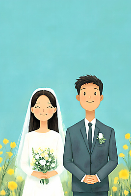 JPG 부부 여자 남자 부케 웨딩드레스 결혼 일러스트 하늘 면사포 미소 들기 정장 초원 상반신 성인 두명 들꽃 리마인드웨딩 성인만 국내일러스트 AI일러스트 AI콘텐츠 커플 드레스 옷 꽃 꽃다발 모션 표정 사람 이벤트 결혼소품 파일형식