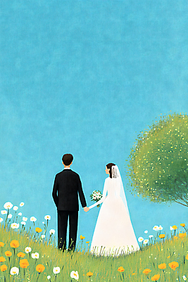 JPG 전신 나무 부부 여자 남자 부케 웨딩드레스 결혼 일러스트 하늘 면사포 들기 정장 초원 성인 두명 손잡기 들꽃 리마인드웨딩 성인만 국내일러스트 AI일러스트 AI콘텐츠 식물 커플 드레스 옷 꽃 꽃다발 모션 사람 이벤트 결혼소품 파일형식