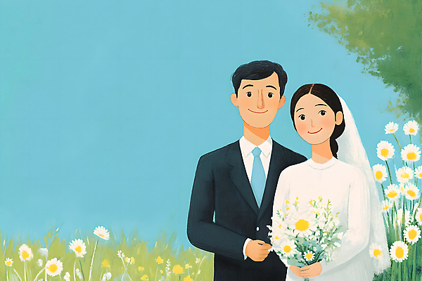 JPG 부부 여자 남자 부케 웨딩드레스 결혼 일러스트 하늘 면사포 들기 정장 초원 상반신 성인 두명 들꽃 리마인드웨딩 성인만 국내일러스트 AI일러스트 AI콘텐츠 커플 드레스 옷 꽃 꽃다발 모션 사람 이벤트 결혼소품 파일형식