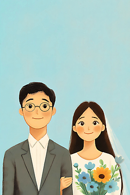 JPG 무료이미지 부부 여자 남자 부케 웨딩드레스 결혼 일러스트 하늘 면사포 정장 초원 상반신 성인 두명 팔짱 들꽃 리마인드웨딩 성인만 안경낌 국내일러스트 AI일러스트 AI콘텐츠 커플 드레스 옷 꽃 안경 꽃다발 모션 사람 이벤트 결혼소품 파일형식