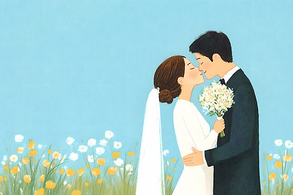 JPG 부부 여자 남자 부케 웨딩드레스 허리손 결혼 일러스트 하늘 키스 면사포 들기 정장 초원 상반신 성인 두명 눈감음 들꽃 리마인드웨딩 성인만 국내일러스트 AI일러스트 AI콘텐츠 커플 드레스 옷 꽃 꽃다발 포즈 모션 사람 이벤트 애정표현 결혼소품 파일형식