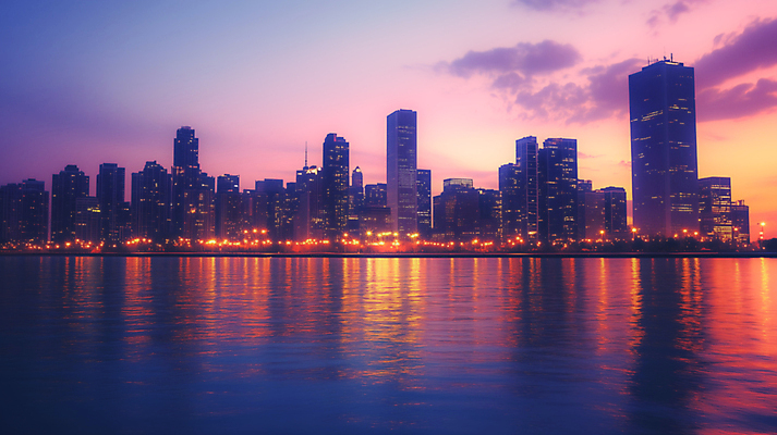 JPG 편집이미지 하늘 빌딩 사람없음 빛 강 반사 일몰 수면 빌딩숲 편집실사 AI포토 AI콘텐츠 건물 물 노을 CG 파일형식