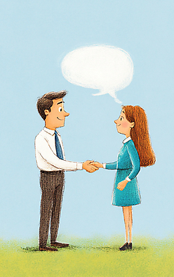 JPG 전신 여자 남자 하늘색 말풍선 일러스트 하늘 색연필 악수 정장 잔디 성인 두명 물감 성인만 국내일러스트 AI일러스트 AI콘텐츠 식물 옷 학용품 사람 손짓 파란색 미술도구 파일형식