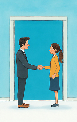 JPG 전신 여자 남자 하늘색 일러스트 색연필 악수 그림자 정장 성인 두명 문 물감 성인만 국내일러스트 AI일러스트 AI콘텐츠 옷 학용품 사람 손짓 파란색 미술도구 파일형식