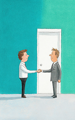 JPG 전신 남자 일러스트 색연필 악수 그림자 정장 성인 두명 문 물감 청록색 성인남자만 국내일러스트 AI일러스트 AI콘텐츠 옷 컬러 학용품 사람 손짓 미술도구 남자만 성인만 파일형식