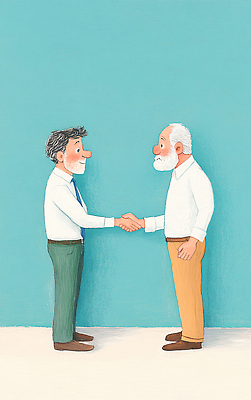 JPG 전신 무료이미지 할아버지 노년 남자 하늘색 일러스트 색연필 악수 그림자 정장 두명 물감 노인남자만 국내일러스트 AI일러스트 AI콘텐츠 옷 학용품 사람 손짓 성인 파란색 미술도구 남자만 노인만 파일형식