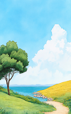 JPG 나무 구름 길 바다 일러스트 자연 하늘 수채화 풍경 초원 사람없음 맑음 가을 언덕 국내일러스트 AI일러스트 AI콘텐츠 자연요소 식물 계절 날씨 생태계 파일형식