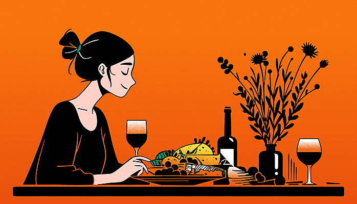 라이프스타일 여자 와인잔 일러스트 식탁 한명 성인 와인 눈감음 꽃병 주황색 식사 샐러드 상차림 와인병 성인여자한명만 국내일러스트 AI파일 1 꽃 음식 컬러 술잔 모션 탁자 병_용기 주류 사람 생활 여자한명만 성인여자만 파일형식 벡터
