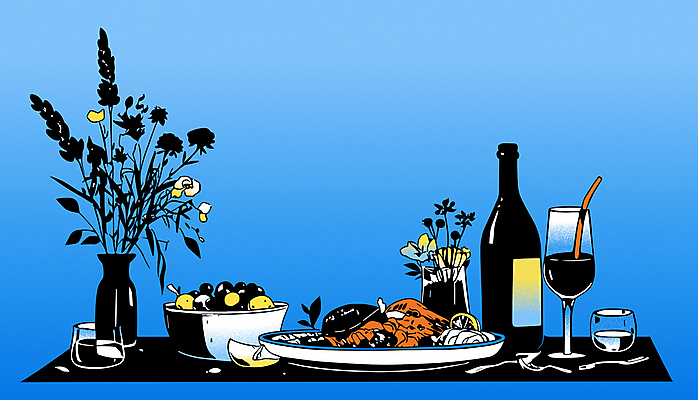 라이프스타일 그릇 와인잔 일러스트 식탁 사람없음 파란색 와인 꽃병 식사 샐러드 상차림 와인병 국내일러스트 AI파일 식기 꽃 음식 컬러 술잔 탁자 병_용기 주류 생활 파일형식 벡터