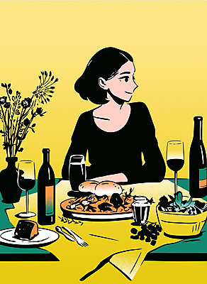 라이프스타일 그릇 여자 빵 와인잔 일러스트 식탁 한명 앉기 성인 노란색 와인 꽃병 식사 샐러드 식탁보 상차림 와인병 성인여자한명만 국내일러스트 AI파일 1 식기 꽃 음식 컬러 술잔 모션 탁자 병_용기 주류 사람 생활 여자한명만 성인여자만 파일형식 벡터