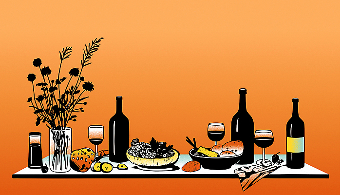 라이프스타일 그릇 빵 와인잔 일러스트 식탁 사람없음 와인 꽃병 주황색 식사 샐러드 상차림 와인병 국내일러스트 AI파일 식기 꽃 음식 컬러 술잔 탁자 병_용기 주류 생활 파일형식 벡터