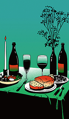 라이프스타일 그릇 빵 포크 와인잔 일러스트 초 식탁 사람없음 초록색 와인 꽃병 식사 샐러드 식탁보 나이프 상차림 와인병 국내일러스트 AI파일 식기 꽃 음식 컬러 술잔 탁자 병_용기 주류 생활 칼 파일형식 벡터