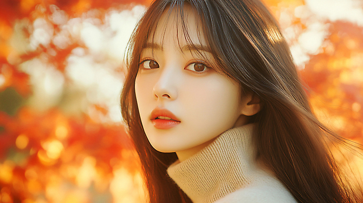 JPG 편집이미지 여자 낙엽 한명 풍경 성인 빨간색 뷰티 가을 분위기 터틀넥 의료성형뷰티 성인여자한명만 편집실사 AI인물포토 AI콘텐츠 1 계절 컬러 컨셉 잎 사람 스웨터 CG 여자한명만 성인여자만 파일형식 AI포토
