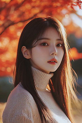 JPG 편집이미지 여자 낙엽 한명 풍경 성인 빨간색 뷰티 가을 분위기 터틀넥 의료성형뷰티 성인여자한명만 편집실사 AI인물포토 AI콘텐츠 1 계절 컬러 컨셉 잎 사람 스웨터 CG 여자한명만 성인여자만 파일형식 AI포토