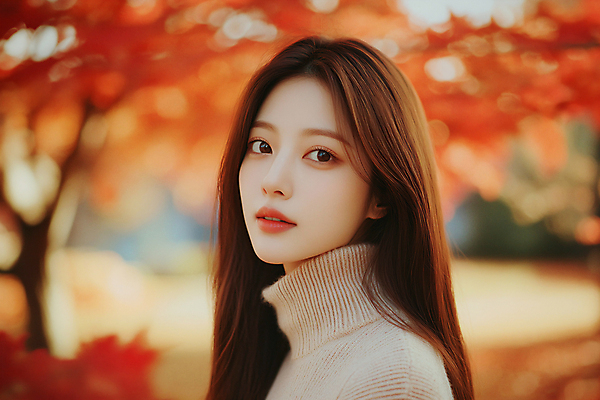 JPG 편집이미지 여자 낙엽 한명 풍경 성인 빨간색 뷰티 가을 분위기 터틀넥 의료성형뷰티 성인여자한명만 편집실사 AI인물포토 AI콘텐츠 1 계절 컬러 컨셉 잎 사람 스웨터 CG 여자한명만 성인여자만 파일형식 AI포토