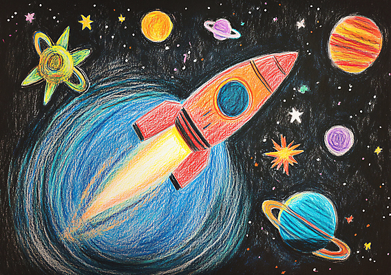 JPG 편집이미지 교육 상상 불꽃 색연필 미술 사람없음 우주 행성 낙서 발사 작품 창의력 편집실사 AI포토 AI콘텐츠 불 문화예술 학용품 CG 파일형식