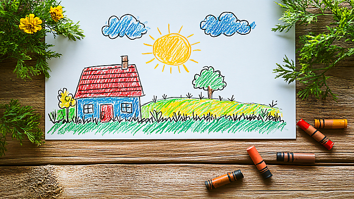 JPG 편집이미지 교육 꽃 화초 상상 색연필 주택 미술 초원 사람없음 태양 낙서 작품 크레파스 창의력 편집실사 AI포토 AI콘텐츠 자연요소 식물 문화예술 학용품 건물 CG 파일형식