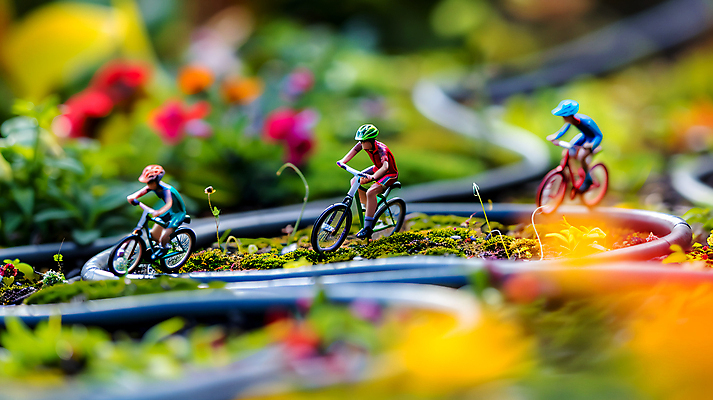 JPG 편집이미지 여자 남자 선 자연 성인 세명 운동 귀여움 자전거 바이크 미니어처 숲 헬멧 성인만 편집실사 AI포토 AI콘텐츠 육상교통 컨셉 건강 사람 모형 보호장비 CG 생태계 파일형식