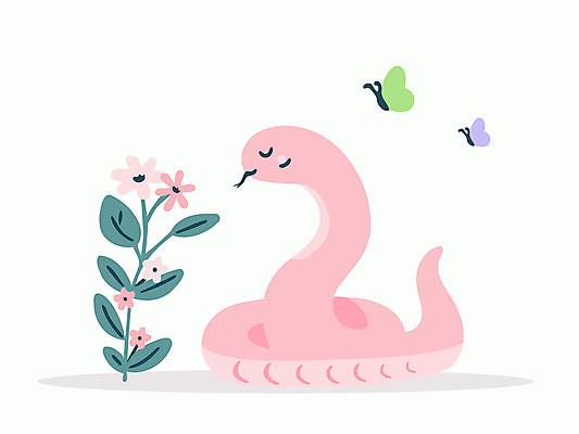 꽃 분홍색 나비 일러스트 새해 사람없음 귀여움 뱀띠 뱀 뱀캐릭터 을사년 국내일러스트 AI파일 식물 컬러 동물캐릭터 곤충 컨셉 파충류 십이지신 파일형식 벡터 2025년