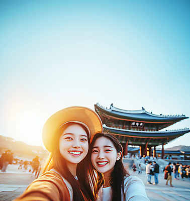 JPG 편집이미지 모자 여자 행복 여행 한국 미소 성인 두명 우정 궁전 가을 셀프카메라 의료성형뷰티 성인여자만 편집실사 AI인물포토 AI콘텐츠 잡화 계절 감정 아시아 고건축 표정 사람 친구 사진촬영 CG 여자만 성인만 파일형식 AI포토