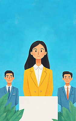 JPG 여자 남자 하늘색 일러스트 하늘 성공 정장 성인 세명 풀잎 단상 성인만 국내일러스트 AI일러스트 AI콘텐츠 옷 컨셉 잎 사람 파란색 풀_식물 파일형식