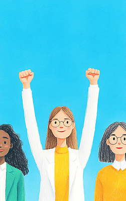 JPG 무료이미지 여자 하늘색 일러스트 하늘 성공 정장 성인 세명 손들기 만세 성인여자만 국내일러스트 AI일러스트 AI콘텐츠 옷 컨셉 모션 사람 파란색 여자만 성인만 파일형식