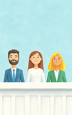 JPG 무료이미지 여자 남자 하늘색 일러스트 하늘 성공 정장 성인 세명 옥상 성인만 국내일러스트 AI일러스트 AI콘텐츠 옷 컨셉 사람 파란색 파일형식