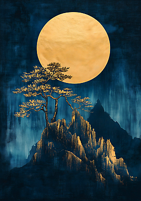 JPG 나무 편집이미지 명절 근하신년 새해 산 풍경 사람없음 보름달 달 분위기 야간 남색 금박 신년카드 편집실사 AI컴퓨터그래픽 AI콘텐츠 자연요소 식물 전통 기념일 컬러 컨셉 카드_감사 CG 파일형식