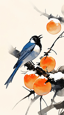 JPG 설경 겨울 일러스트 자연 새해 수묵화 풍경 사람없음 주황색 나뭇가지 눈 연하장 감나무 까치 국내일러스트 AI일러스트 AI콘텐츠 자연요소 나무 계절 컬러 조류 날씨 카드_감사 감 미술 생태계 파일형식