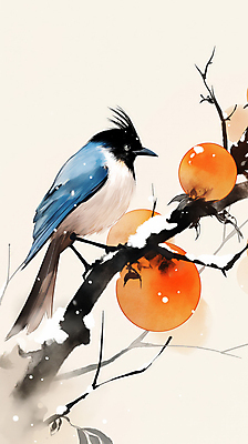 JPG 설경 겨울 일러스트 자연 새해 수묵화 풍경 사람없음 주황색 나뭇가지 눈 연하장 감나무 까치 국내일러스트 AI일러스트 AI콘텐츠 자연요소 나무 계절 컬러 조류 날씨 카드_감사 감 미술 생태계 파일형식