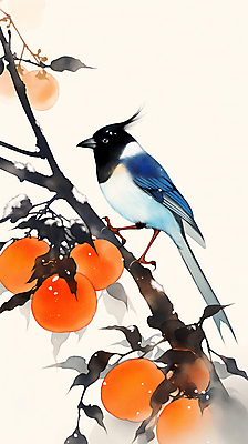 JPG 설경 겨울 일러스트 자연 새해 수묵화 풍경 사람없음 주황색 나뭇가지 눈 연하장 감나무 까치 국내일러스트 AI일러스트 AI콘텐츠 자연요소 나무 계절 컬러 조류 날씨 카드_감사 감 미술 생태계 파일형식