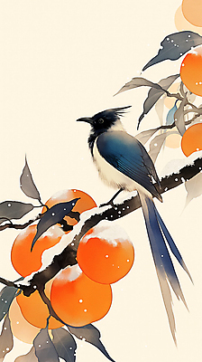 JPG 설경 겨울 일러스트 자연 새해 수묵화 풍경 사람없음 주황색 나뭇가지 눈 연하장 감나무 까치 국내일러스트 AI일러스트 AI콘텐츠 자연요소 나무 계절 컬러 조류 날씨 카드_감사 감 미술 생태계 파일형식