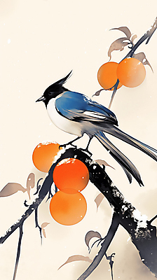 JPG 설경 겨울 일러스트 자연 새해 수묵화 풍경 사람없음 주황색 나뭇가지 눈 연하장 감나무 까치 국내일러스트 AI일러스트 AI콘텐츠 자연요소 나무 계절 컬러 조류 날씨 카드_감사 감 미술 생태계 파일형식