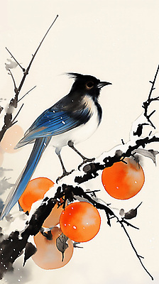 JPG 설경 겨울 일러스트 자연 새해 수묵화 풍경 사람없음 주황색 나뭇가지 눈 연하장 감나무 까치 국내일러스트 AI일러스트 AI콘텐츠 자연요소 나무 계절 컬러 조류 날씨 카드_감사 감 미술 생태계 파일형식