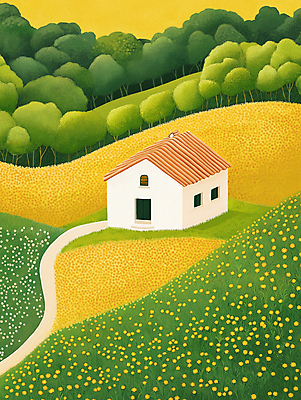 JPG 나무 길 꽃밭 일러스트 자연 주택 초원 사람없음 노란색 평화 분위기 숲 그림 전원생활 산기슭 국내일러스트 AI일러스트 AI콘텐츠 식물 꽃 컬러 컨셉 산 건물 생활 생태계 파일형식