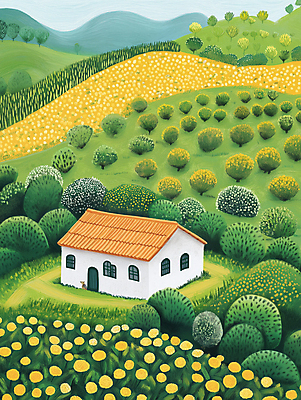 JPG 나무 길 꽃밭 일러스트 자연 주택 초원 사람없음 연두색 평화 분위기 숲 그림 전원생활 산기슭 국내일러스트 AI일러스트 AI콘텐츠 식물 꽃 컨셉 산 건물 생활 초록색 생태계 파일형식