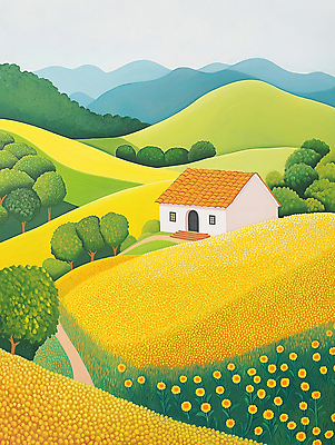 JPG 나무 길 꽃밭 일러스트 자연 주택 초원 사람없음 노란색 평화 분위기 숲 그림 전원생활 산기슭 국내일러스트 AI일러스트 AI콘텐츠 식물 꽃 컬러 컨셉 산 건물 생활 생태계 파일형식