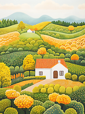 JPG 나무 길 꽃밭 일러스트 자연 주택 초원 사람없음 노란색 평화 분위기 숲 그림 전원생활 산기슭 국내일러스트 AI일러스트 AI콘텐츠 식물 꽃 컬러 컨셉 산 건물 생활 생태계 파일형식
