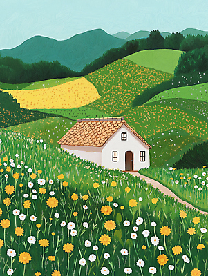 JPG 나무 길 꽃밭 일러스트 자연 주택 초원 사람없음 연두색 평화 분위기 숲 그림 전원생활 산기슭 국내일러스트 AI일러스트 AI콘텐츠 식물 꽃 컨셉 산 건물 생활 초록색 생태계 파일형식