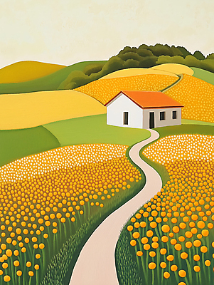 JPG 나무 길 꽃밭 일러스트 자연 주택 초원 사람없음 노란색 평화 분위기 숲 그림 전원생활 산기슭 국내일러스트 AI일러스트 AI콘텐츠 식물 꽃 컬러 컨셉 산 건물 생활 생태계 파일형식