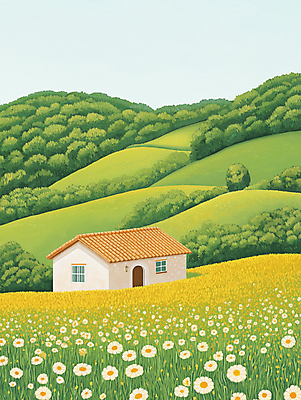 JPG 나무 길 꽃밭 일러스트 자연 주택 초원 사람없음 연두색 평화 분위기 숲 그림 전원생활 산기슭 국내일러스트 AI일러스트 AI콘텐츠 식물 꽃 컨셉 산 건물 생활 초록색 생태계 파일형식